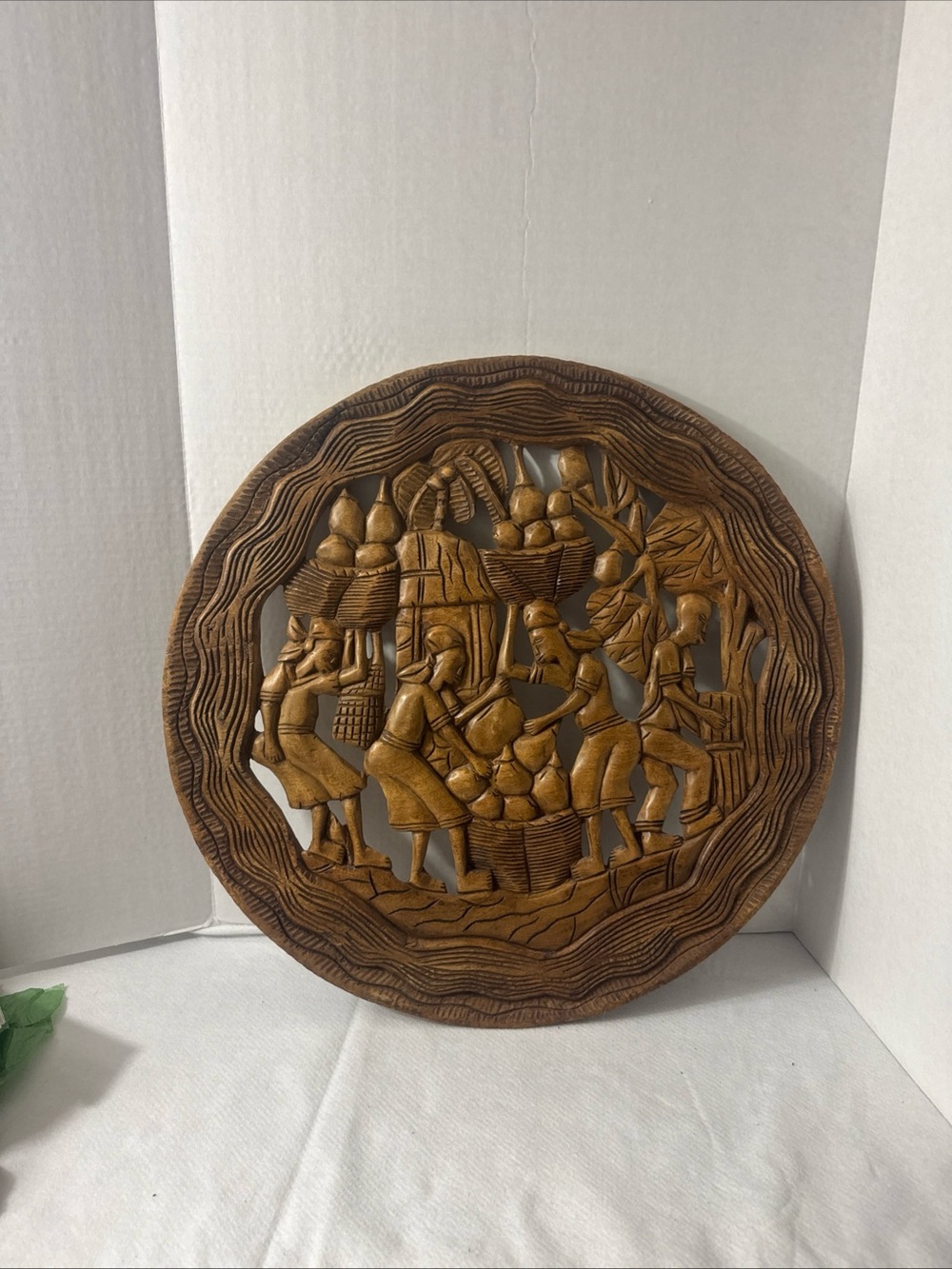 Handcarved Brown Wooden Relief Wall Art - Rustic Market Scene 25 inches